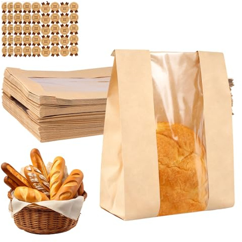 JIAYUET 100 Pack Kraft Paper Bread Bags with Window, 13.7x8.2x3.5 inch Sourdough Homemade Bread Storage, Bakery Packaging with Sealing Stickers