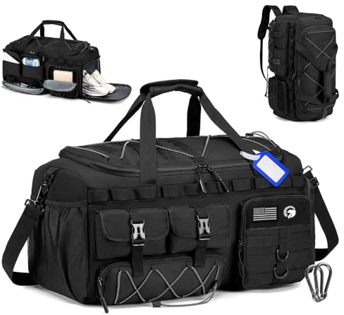 COSCOOA Turnbeutel für Herren mit Schuhfach, 50 l/60 l, taktische Reisetasche, 3-in-1-Handgepäcktasche, Reiserucksack, Wochenender, Übernachtungstasche für Workout, Fußball, Schwarz, Schwarz, 60L
