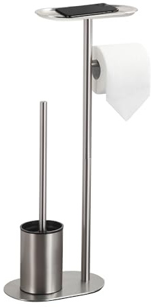 BGL Freistehendes Toilettenbürsten-Set aus Edelstahl gebürstet Nickel – WC Bürste & Klobürste mit Toilettenpapierhalter, 3-in-1 Set mit Ablage, Modernes Design