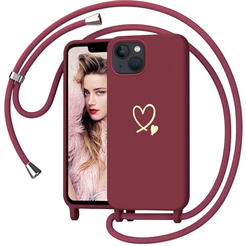 Yichxu Coque pour iPhone 13 Mini avec Cordon, Souple Silicone Liquide Housse avec Collier, Réglable Lanyard Case, Motif Coeur d'amour Antichoc Etui Protection Cover pour iPhone 13 Mini, Rouge