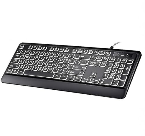 Wired USB Backlit Keyboard with Big Print Letters White Illuminated LED 104 Key Full Layout Numeric Keypad Multimedia Hotkeys Adjustable Brightness Easy Installation for Seniors Visually Impaired Sch