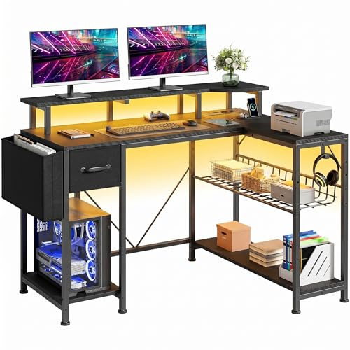 YITAHOME Gaming Tisch Steckdose USB Schubladen LED L Form 120cm Schwarz | Computer Schreibtisch mit Monitorständer, Regale, RGB LED, MDF Metallrahmen, Eckschreibtisch Home Office Studium