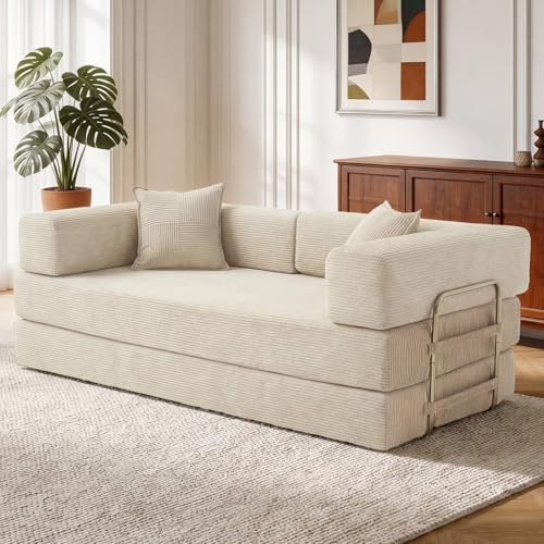 Vipbear 200cm Modulares Sofa, aus Hochwertiges Cord mit Hochdichter Schaumstoff, 5-in-1 Umwandelbares Vielseitig 3-Sitzer Schlafsofa für das Wohnung, Weiß