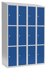 kaiserkraft | 3er-Schließfachschrank Fydor | 4 Abteile | lichtGrau/Enzianblau | B 1200 mm | schräge Dachform | Zylinderschloss
