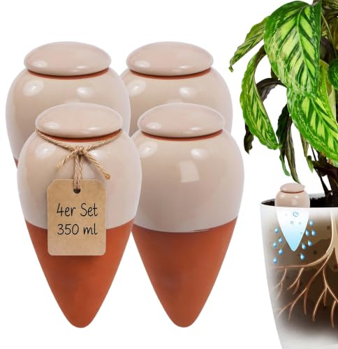 Relaxdays Tonkegel Bewässerung, 4er Set, 350 ml, terrakotta/beige | Gießhelfer mit Deckel, Zimmerpflanzen & Balkonkästen