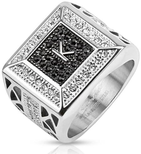 Tapsi´s Coolbodyart® Unisex Edelstahl Ring silber „Initial K“ silber mit schwarzen Schmucksteinen und klaren Zirkonia besetzter Einfassung und Seiten, 66(21)