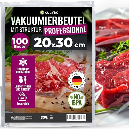 culivac Vakuumierbeutel 100 Vakuumbeutel 20x30cm Premium, Folienbeutel für jedes Folienschweißgerät Vakuumiergerät Vakuumierer, Vakuumierfolie Professional sous vide, Made in Germany, BPA-frei