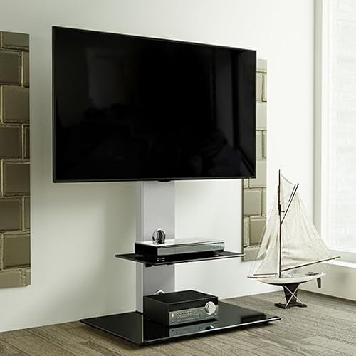 AVF Column TV Floor Stand - Pedestal TV Floorstand Unit - Up to 65 and 40kg Max - Gloss Black Safety Glass Shelves - Cable Management - Universal VESA (Silver Column)