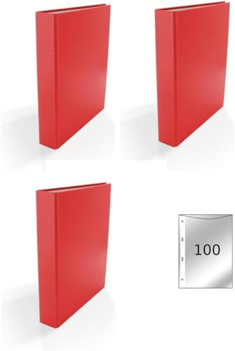 3x Ringbuch / DIN A5 / 4-Ring Ordner / Farbe: rot + 100 Prospekthüllen