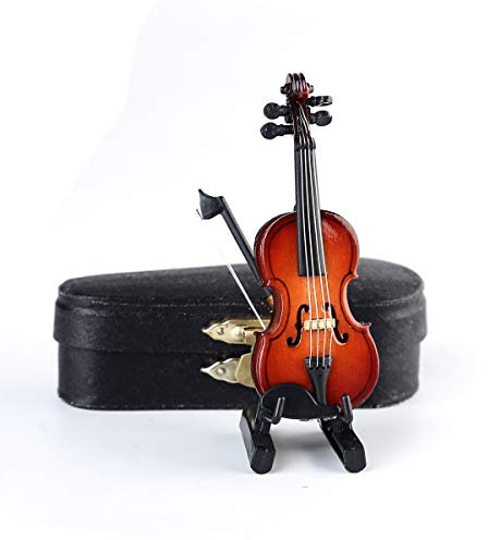 Dselvgvu Miniatur-Violine aus Holz, mit Ständer, Bogen und Koffer, Mini-Musikinstrument, Miniatur-Puppenhaus, Modell-Ornament, Heimdekoration (8 x 3 x 1,5 cm)
