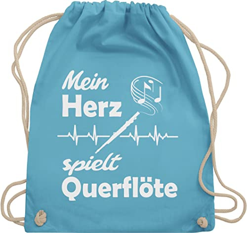 Turnbeutel Rucksack - Musik Instrument Zubehör - Mein Herz spielt Querflöte Herzschlag - Unisize - Hellblau - beutel instrumente kind querflöten stoffbeutel für musiker querfloete juterucksäcke