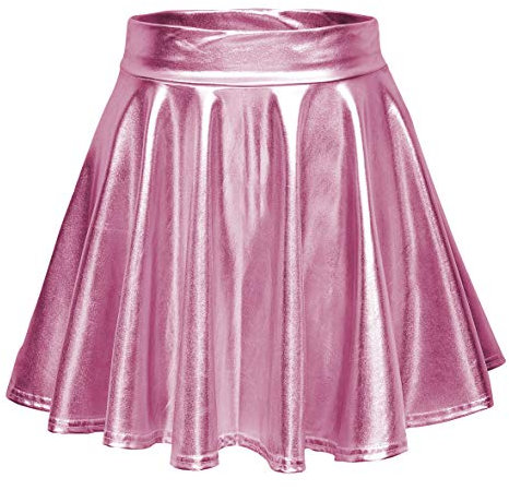 Damen Glänzend Höhe Taille Liquid Mini Rock Metallisch Elastische Taille A-Linien Pull On Skater Röcke (XL, Rosa)