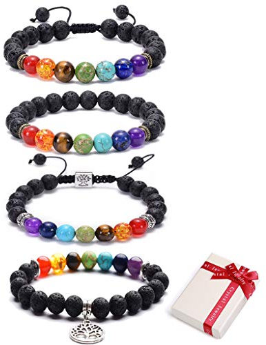 Feelairy Edelstein Armbänder Set, 4 Stück Lavastein Armband Natürliche 8mm Yoga Armband mit Lebensbaum Anhänger, Reiki Healing 7 Chakra Armband Buddha Perlen Bracelet Elastisches für Unisex Mens