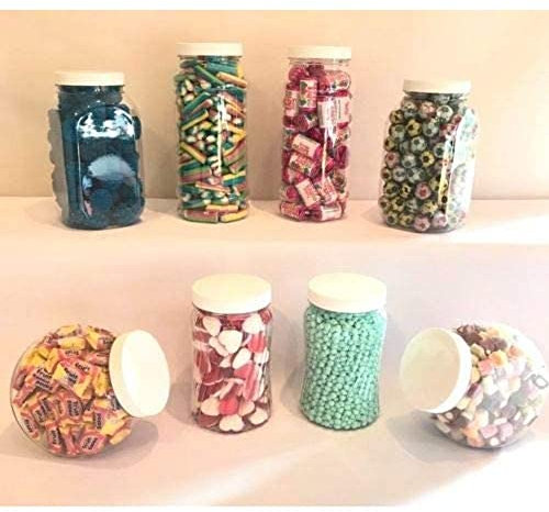 Lot de 8 bocaux à bonbons vides en plastique assortis pour buffet de bonbons – il suffit d'ajouter des bonbons (couvercle blanc)