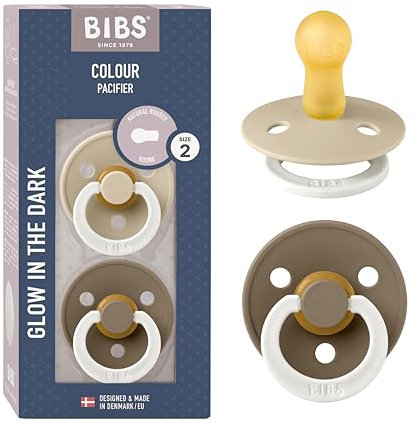 BIBS Colour Glow Schnuller 2er-Pack, BPA-frei. Leuchtet im Dunkeln, Kirschform Nippel. Naturkautschuk/Latex, Hergestellt in Dänemark. Größe 2 | 6+ Monate | 2-Pack, Vanilla NIGHT/Dark Oak NIGHT