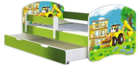 ACMA Kinderbett Jugendbett mit Einer Schublade und Matratze Grün mit Rausfallschutz Lattenrost II 140x70 160x80 180x80 (20 Bagger, 180x80 + Bettkasten)