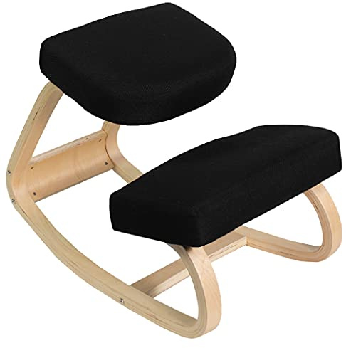 VIVO Wooden Rocking Kneeling Chair, Ergonomic Home Office Stool Posture Seat, Thick Black Cushions, Light Wood Frame, CHAIR-K04R