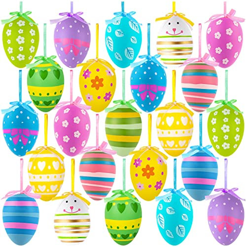 Ostereier zum Aufhängen, 24 Stück, bunt, Kunststoff, Osterei, Baumschmuck, dekorativ, handbemalt, für Bastelarbeiten, Ornamente, Blumen für Osterdekoration, zufällige Auswahl