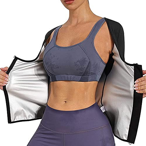 Women Sweat Sauna Suit Waist trainer Vest Hot Sweat Jacket Long Sleeve Zipper Slimming Shaper (Black, M)
