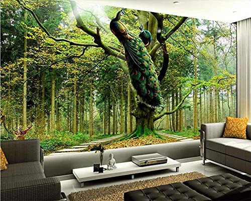 MUMUWUSG Wall Mural - 3D Print Green Plants Trees Peacock Wallpaper Mural Self-Adhesive Non-Woven Photo Wall Art Mural Living Room Bedroom Office Murals Wallpaper 460X280Cm
