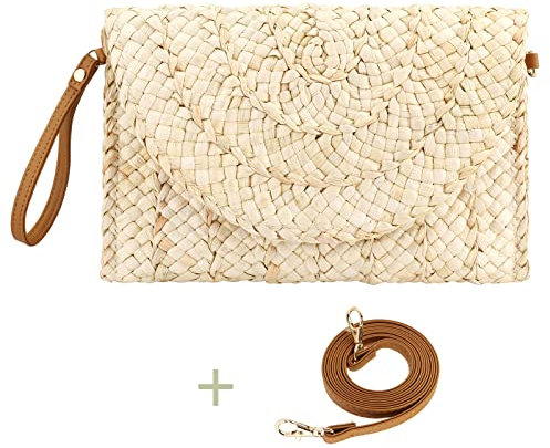 Gets Stroh-Clutches Strandtasche für Damen, Sommer, Umhängetasche, Strohtasche mit Riemen, Beige, Einheitsgröße