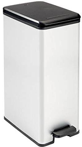 CURVER Slim Metal Effect - Cubo de basura con pedal de cocina 90% reciclado, color plateado, 40 litros