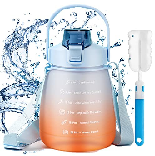 Sakiida 1L Water Bottle with Straw Sports Drinks Bottle with Time Markings Leak Proof, Flip Cap, Portable, Locked (Starry orange)