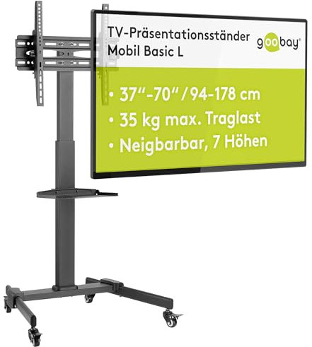 Goobay 59507 Mobiler TV Ständer rollbar / 37“ - 70“ (94-178 cm) Monitor & Fernseher Standfuss/Fernsehständer mit Rollen/TV Bodenständer höhenverstellbar/bis 35 kg/Schwarz