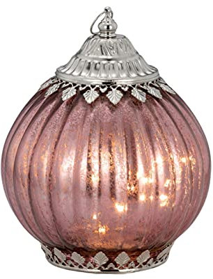 Deko-Glaslaterne rosa - 19 x 15 cm verzierte Laterne im Glockenstil mit 6er LED-Lichterkette, An/Aus-Schalter & Aufhängering - romantische Tisch- & Hängedeko für Zuhause & Geschenkidee