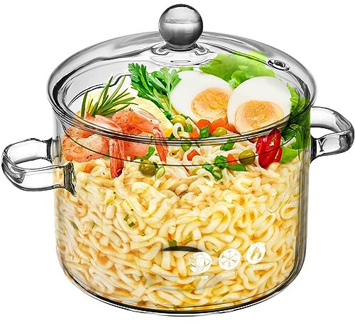 GANAZONO Olla de cristal para sopa, Olla de Sopa de Vidrio para Placa de Inducción, Olla multifuncional de vidrio transparente de con tapa para ensalada, sopa de pasta y leche