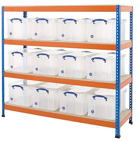 BiGDUG Shelving with Clear Really Useful Boxes-Plastic Storage Boxes - 12x 48 Litre Clear Boxes - 167.7h x 183w x 61d cm - 4 Levels - Up to 400kg Per Shelf UDL - Clear Boxes with Lids - Blue & Orange