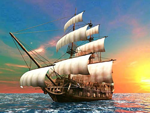 Diamond Painting Set, Bild mit Motiv Segelschiff und Zubehör, Größe ca. 35 x 25 cm, Bastelset zum Malen mit Glitzersteinchen für Kinder ab 5 Jahren