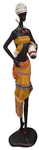 Afrikanische Dekofigur Frau mit Krug im Arm und Paillettenschmuck 61 cm, Afrika Deko, Afrika Frauen Figur