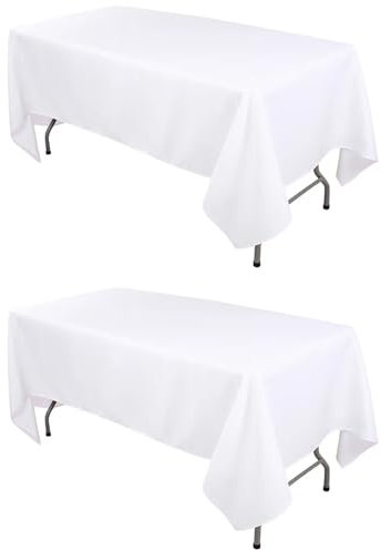 Kesfey 2 Pack weiße Polyester-Tischdecken 60x102 Zoll für 6 Ft Tische, Rechteck Stoff knitterfrei abwaschbar Tischdecke für Bankett, Party, Camping
