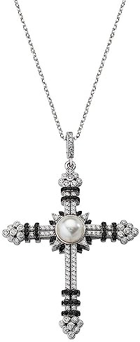 Amen Collier Croix germée et Perle Avec zircons Blancs et Noirs, Longueur 40+5cm - Pendentif 5 cm CLCRGOBBN, Large, Argent, Zircon cubique.