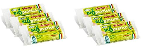 Virosac - Biopratico - Sacchetti per rifiuti biodegradabili 42x45, con maniglie estraibili, 10 pezzi per rotolo, kit da 3 rotoli (Confezione da 2)