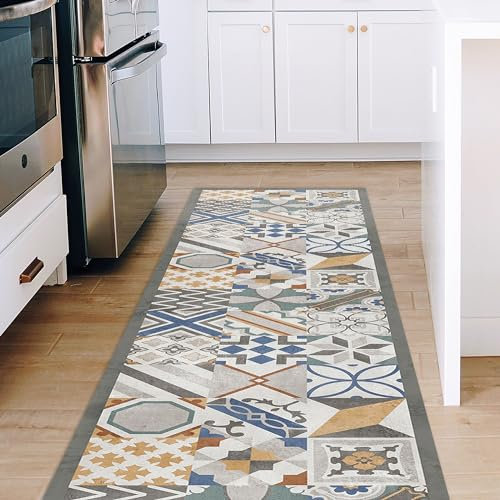 CREARREDA Cement Tiles Kitchen Rug, 120 x 50 cm, Non-Slip and Washable Vinyl, Kitchen Runner, 100% Washable, 100% Made in Italy Deluxe Line