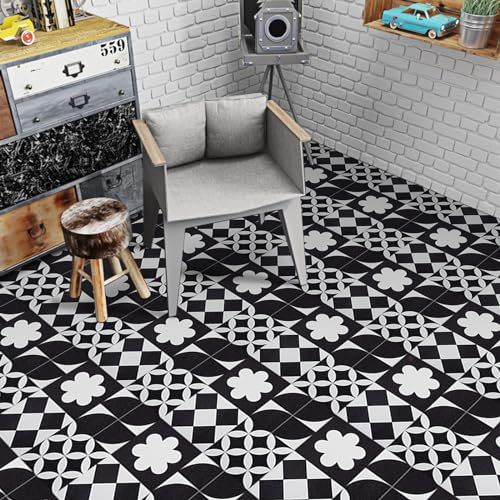 Elffloor Floor Tiles Self Adhesive Vinyl Flooring, Bathroom Waterproof Peel and Stick Floor Tiles Stick on Kitchen Living Room Black White PVC Material 30X30cm 8pcs 1mm