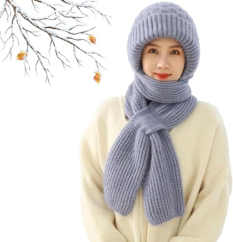 Kidmis Integrated Ear Protection Windproof Cap Scarf, Verdickte Integrierter Gehörschutz Winddichte Mütze Schal, Warme 2 in 1 Maskenschal Strickmütze, Winter Kapuzenschal für Frauen (Grau)