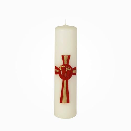 Jaspers Hausosterkerze, Ostertischkerze 200 x Ø 50 mm Kreuz, Lamm in Rot/Gold (Wachsauflage)