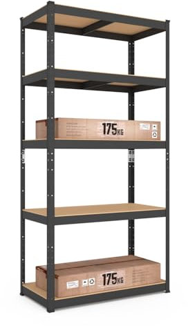 baudim - Metallregal: Flexibles Stahlregal für Lager und Keller, schwarz, Robustes Steckregal mit anpassbaren Böden. Lastenregal 875kg, 5 MDF-Böden, 180x90x40 cm