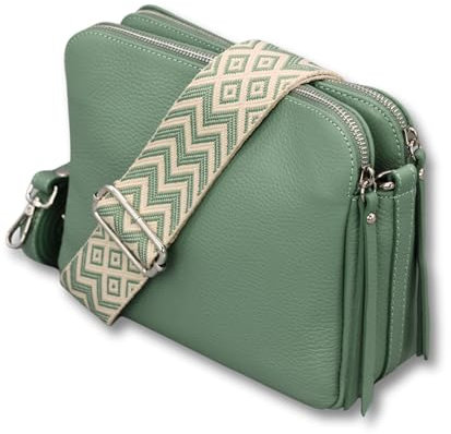 ADEL Umhängetasche Damen Echtes Leder MARA Handgemachte Crossbody Bag 5 Fächer Schultertasche mit Ledergurt + Breitem Gemustertem Riemen Verstellbarer Gurt Made in Italy (Mintgrün)