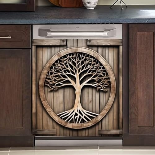 MLGB Baum des Lebens Geschirrspüler-Magnet-Panel-Aufkleber, Küchendekoration, Scheunen-Holztür, Vinyl, Geschirrspüler-Türabdeckung, Kühlschrank-Wandschränke, magnetischer Aufkleber, 58,4 x 66 cm,