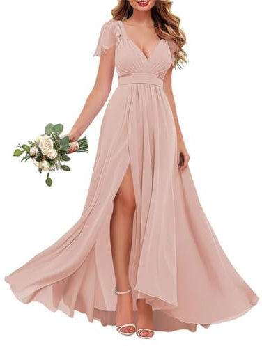 WSEYU Robes de demoiselle d'honneur à col en V – Robe de soirée formelle à manches courtes en mousseline de soie avec fente, rose poudré, 48