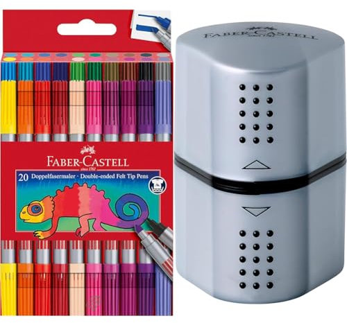 Faber-Castell 151119 - Filzstifte Set 20-teilig, Doppelfasermaler für Kinder und Erwachsene & 183800 - Dosenspitzer Grip 2001, 3in1, Anspitzer mit Behälter für Blei- und Buntstifte