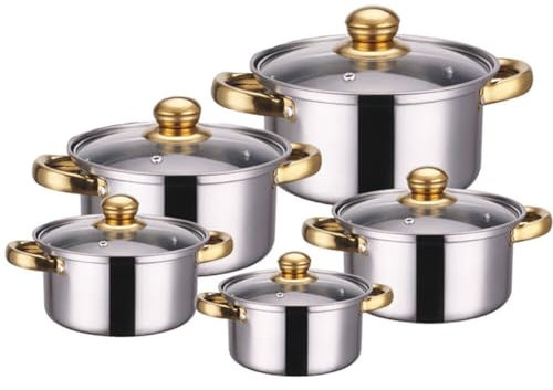 10Pcs Batterie de Cuisine en Acier Inoxydable, Casseroles/Faitouts avec Couvercle en Verre pour Tous Feux Dont Induction