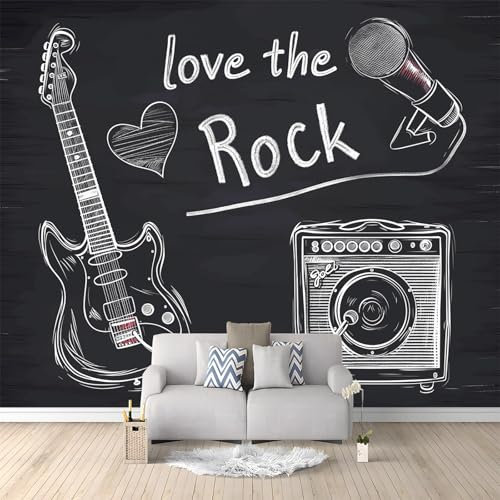 Panoramic Rock Music Guitar Microphone Wallpaper Mural 200 x 140 cm (W x H), Wall Poster Black Photo Wallpaper Mural 3D Effect, Poster Decoration for Bedroom Living Room Corridor