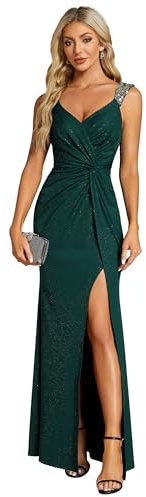 Ever-Pretty Robe de Soirée Femme Longue Moulante Fendu Col V Plis Bandoulière à Sequins Haute Élasticité Vert Foncé 50