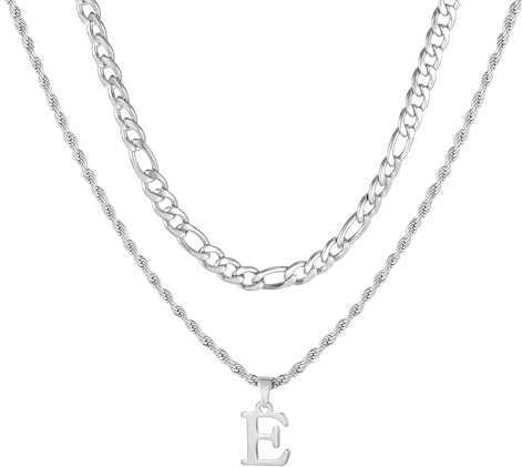 APMGONT Herren Initial Halskette, Edelstahl Silber Figaro Kette Twist Seil Link Kette mit A-Z Letter Kette Halskette für Männer Papa Freund Geburtstag Vatertag Geschenk (Silber E)