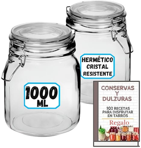 6 Tarros de Cristal Herméticos 1 litro - Con Etiquetas + Ebook de 102 Recetas - Tarros para Conservas, Mermelada, Encurtidos, Fermentar - Vidrio Resistente (6)